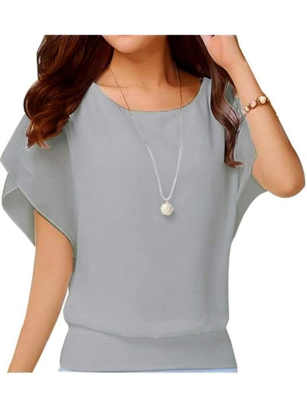 Women's Grey Elegant Loose Casual Short Sleeve Chiffon Top T Shirt Blouses